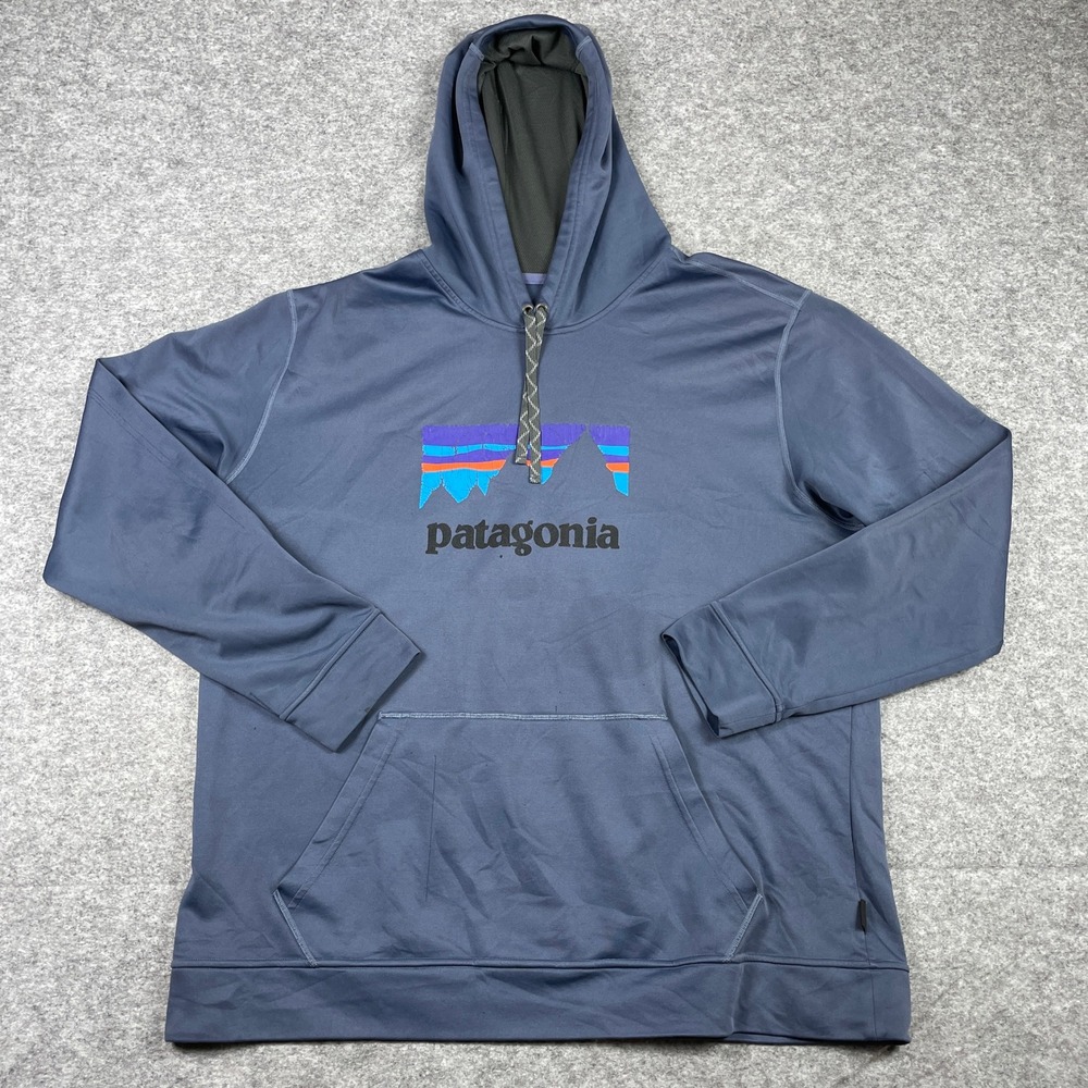 Patagonia Hoodie Mens XXL Blue Fitz Roy Horizons Pullover Performance Sweatshirt